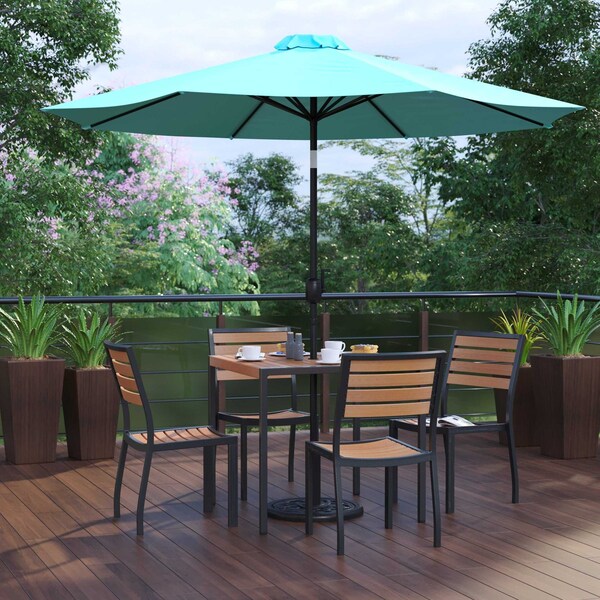 Flash Furniture Faux Teak 35" Table-Teal Umbrella-Base-4 Chairs XU-DG-810060364-UB19BTL-GG - main